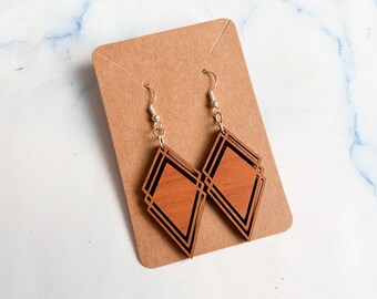 Geometric Wood Earrings: Laser Cut Cherry Walnut, Sterling Silver
