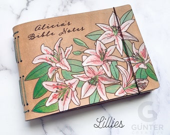 Lillies design Personalized Leather Journal, Hand-painted, real leather, travel journal, gift for her, for artist, journaling