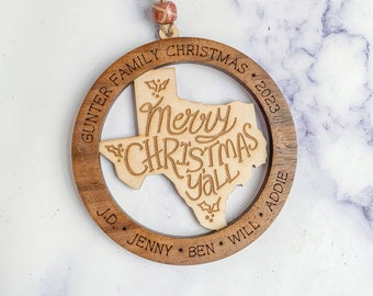 Texas Ornament, Personalized Family Christmas Ornament, gift for Texan, Merry Christmas Y'all, ornament for family names