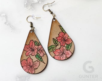Hand-Painted Azalea Leather Earrings: Spring Floral Jewelry, Texas flowers