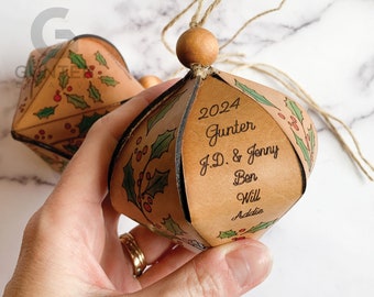 Personalized Leather Christmas Ornament: Hand-Painted Family Keepsake, 3-year anniversary ornament