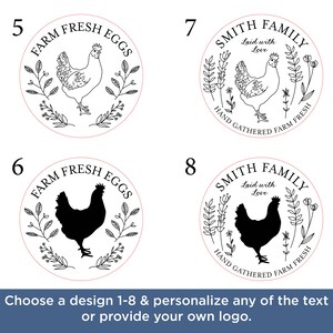May include: Circular designs for farm-fresh products. Each design features a hen illustration or silhouette, surrounded by botanical elements and text. Options include "Farm Fresh Eggs" and "Smith Family" with additional text.