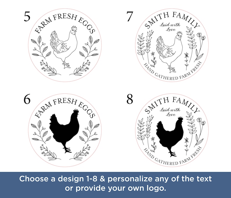 May include: Circular designs for farm-fresh products. Each design features a hen illustration or silhouette, surrounded by botanical elements and text. Options include "Farm Fresh Eggs" and "Smith Family" with additional text.
