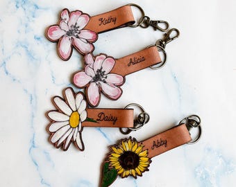 Personalized floral leather keychain, sunflower, apple blossom, succulent, rose, magnolia, daisy