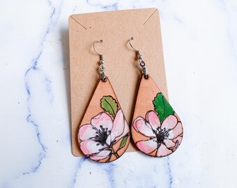 Hand-Painted Leather Earrings: Apple Blossom Floral Dangles
