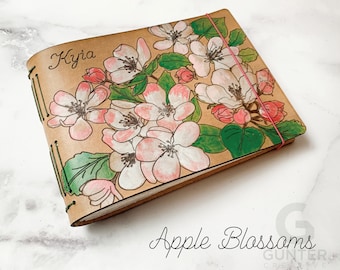 Hand-Painted Leather Journal, Apple Blossom Design, Travel Sketchbook