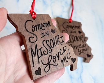 Personalized Missouri Ornament: Solid Walnut Wood, Out-of-State Family Gift