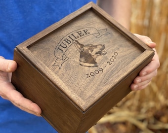 Pet Urn, Custom Solid wood box for pet lovers with engraved photo and name