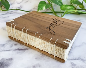 Hand-stitched, lined custom wood guest book - walnut and white floral paper