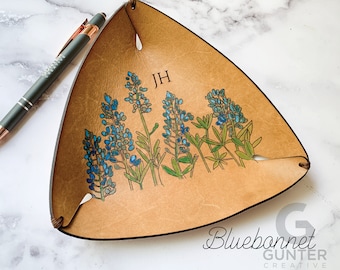 Handmade Leather Valet Tray, Bluebonnet Design, Texas Gift