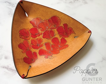 Handmade Leather Tray: Poppies Trinket Dish, Key Holder