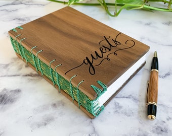 Special Hand-stitched lined wood guest book - walnut and green paper