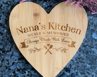 Heart Shaped Custom Cutting board, Nana's Kitchen, Bamboo, gift for grandma, gift for mom, valentines day