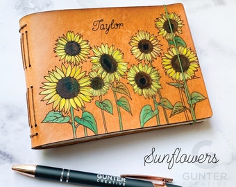 Sunflower design Personalized Leather Journal, Hand-painted, real leather, travel journal, gift for her, custom cover, gift for artist