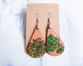 Hand-Painted Leather Earrings: Succulent Plant Floral Design