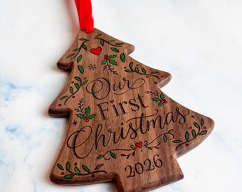 Our First Christmas Ornament, solid wood, personalized, heirloom quality, hand-painted