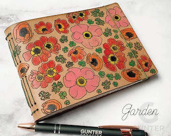 Personalized Leather Journal, Hand-painted flowers, real leather, travel journal, gift for gardener, for artist, leather book