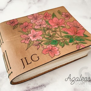 Leather Journal, Hand-painted, Azalea flowers, travel journal, gift for traveler, gift for gardener, 3rd anniversary for her, artist book