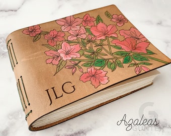 Real Leather Journal, Hand-painted, Azalea flowers, travel journal, gift for traveler, gift for gardener, for her, artist book