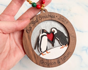 Personalized Penguin Couple Ornament: Our First Christmas, Hand-Painted Walnut Wood, penguin love