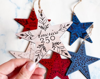 America 250th Anniversary Leather Ornament, USA 250, hand-drawn design, Patriotic Ornaments