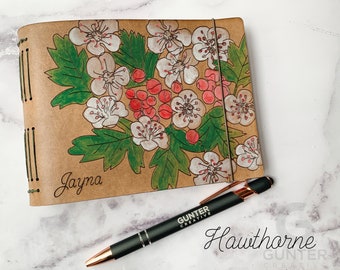 Personalized Leather Journal, Hand-painted, Hawthorne flowers, real leather, travel notes, gift for gardener, for her, artist book