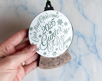 Personalized Snow Globe Ornament, First Christmas, Custom Mr. and Mrs.