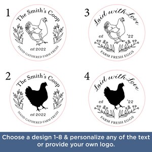 May include: Circular logo designs featuring a hen illustration or silhouette, surrounded by text. The designs include phrases like "The Smith's Coop," "Hand Gathered Farm Fresh," and "Farm Fresh Eggs." The text also includes the year "est 2022" and "Laid with Love."