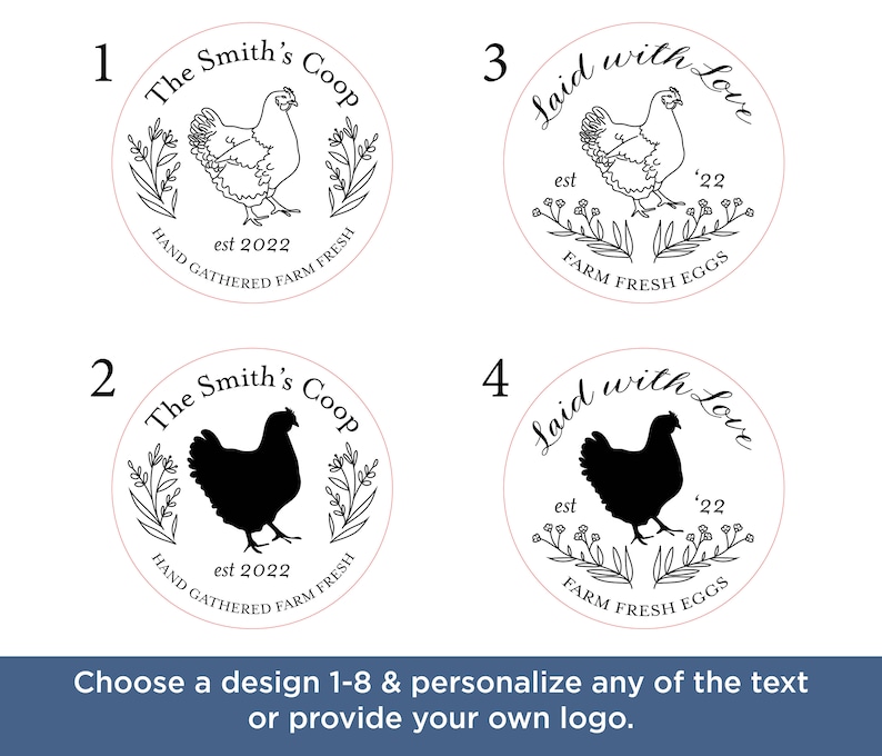 May include: Circular logo designs featuring a hen illustration or silhouette, surrounded by text. The designs include phrases like "The Smith's Coop," "Hand Gathered Farm Fresh," and "Farm Fresh Eggs." The text also includes the year "est 2022" and "Laid with Love."