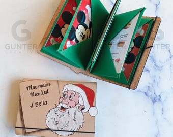 Santa card wallet, leather Gift card holder for Christmas, Santa nice list, personalized folded paper book, gift for kids, teens, customize
