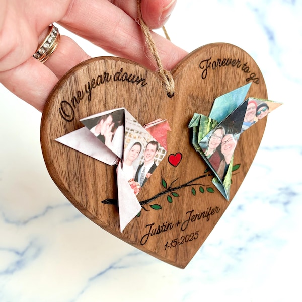 First anniversary gift, Personalized couples ornament, origami love birds, one year down forever to go, be mine, custom couple portrait