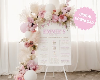 Cartel editable del primer año del carrusel de carnaval, cartel del hito del carrusel del carnaval, primer cumpleaños del cumpleaños del circo rosa, DESCARGA INSTANTE 18x24