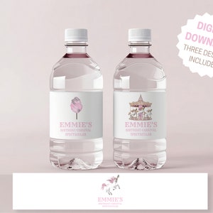 May include: Three printable water bottle labels with a pink and white color scheme. The labels feature a carousel, cotton candy, and a unicorn with the text "Emmie's Birthday Carnival Spectacular".