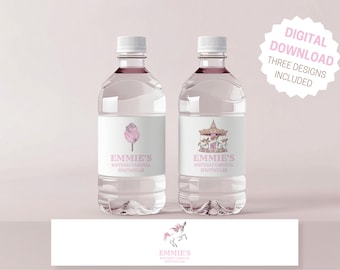 Carnival Carousel Birthday Water Bottle Label Template, Circus Party Water Label, Pink Circus First Birthday, Editable INSTANT DOWNLOAD
