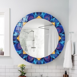 Blue Mirror Glass Decor, Round Mirror Wall Decor, Blue Mandala Theme Wall Art, Chic Home Decor, Mirror for Wall, Blue Bathroom Mirror
