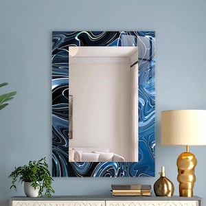 Blue Ebru Art Tempered Glass Rectangular Mirror Wall Decor - Living Room Vertical Mirror