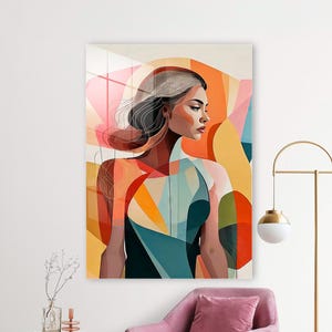Geometric Female Portrait – Abstract Tempered Glass Wall Art for Modern Boho Home Decor