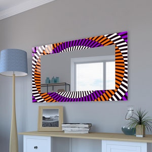 Purple, Orange, White, Black Abstract Design Printed Mirror Wall Decor, Valentines Day Decor, Round Mirror, Colorful Glass Mirror Decor
