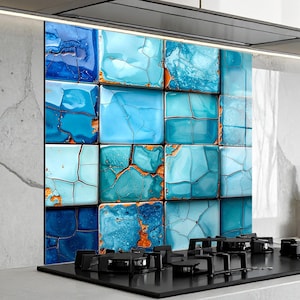 Square Light Blue Stone Kitchen Backsplash Panel – Colorful Tempered Glass Modern Wall Decor
