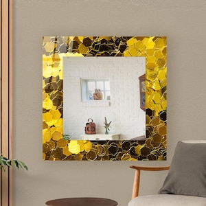 Mirror for Living Room with Yellow & Gold Design, Mirror Wall Decor for Hallway, Glass Mirror Wall Hanging, Bedroom Mirror Decor