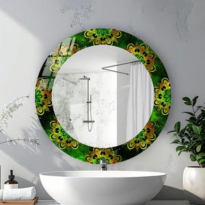 Green Mandala Chic Bathroom Mirror with Tempered Glass and Sturdy Metal Hanger | Arabic Mirror