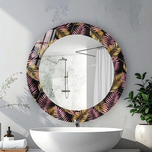Pink & Gold Leaf Pattern Tempered Glass Round Mirror | Decorative Home Wall Decor