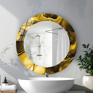 Modern Tempered Glass Mirror Home Wall Decor for Bathroom & Vanity Room: Yellow Watercolor Effect