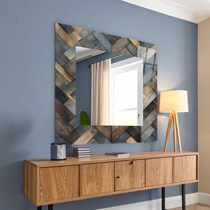 Tempered Glass Square Wall Mirror: Rustic Wooden Effect Rectangular Vanity Wall Decor