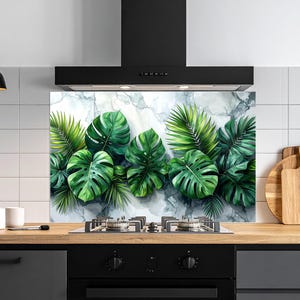Modern Kitchen Tropical Watercolor Tempered Glass Backsplash – Palm Leaves Glass Wall Panel