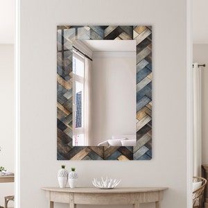 Rustic Wooden Plank Wall Mirror – Colorful Farmhouse Style Tempered Glass Art - Housewarming Gift