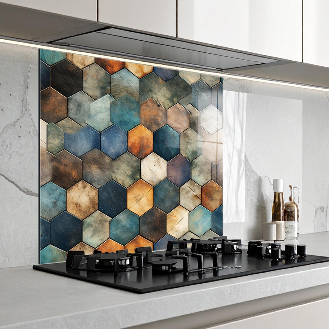 Picture of Multicolor Rustic Hexagon Wood Kitchen Backsplash – Modern Glass Wall ...
