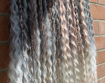 Synthetische dreadlocks, grijze vlechten roze dreds, boho dreadlocks, mixset, haakaccessoires, grijze vikingset, croshethoeden, synthetisch roze,