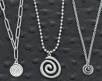 Spiral Necklace, Spiral Pendant Necklace Silver, Swirl Necklace, Stainless Steel Non-Tarnish, Vortex,  Boho Indie, Whimsical Jewellery 2000s