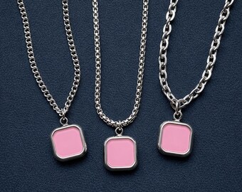 Pink Onyx Necklace, Men's Silver Necklace, Men's Stone Pendant, Men's Jewellery, Pink Stone Pendant Necklaces, Men's Fashion Necklace Silver